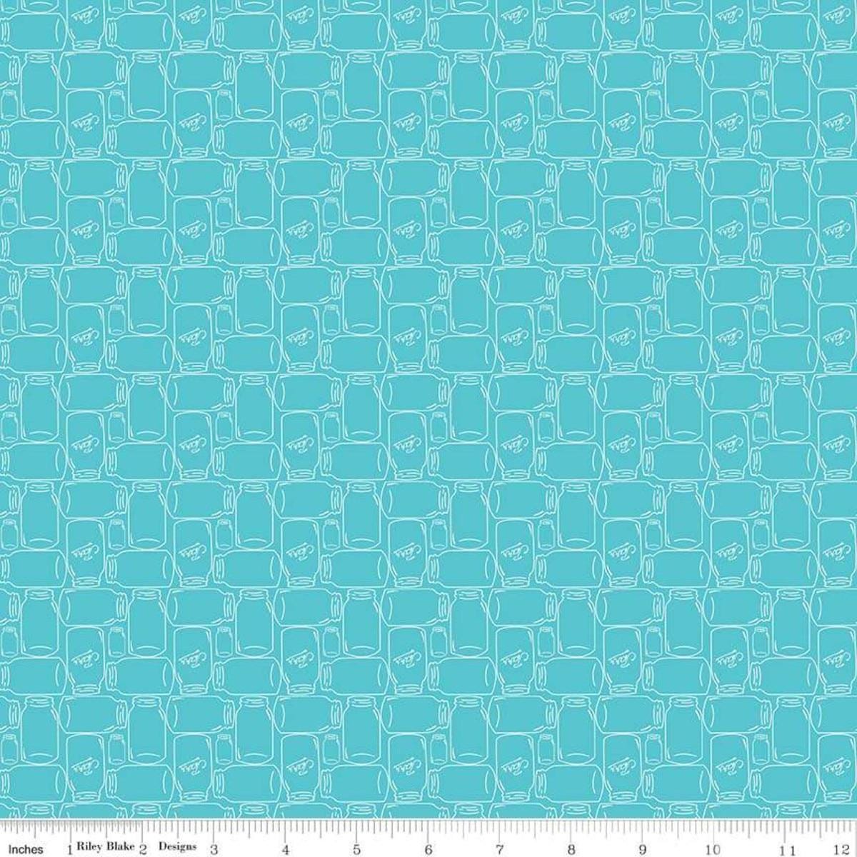 Image of the Farm Girl Vintage Companion Prints Canning Jars Peacock quilting cotton fabric by Lori Holt for Riley Blake Designs. Features canning jars on a bright blue background. 
Cute Little Fabric Shop