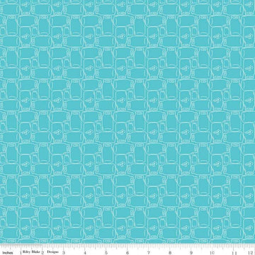 Image of the Farm Girl Vintage Companion Prints Canning Jars Peacock quilting cotton fabric by Lori Holt for Riley Blake Designs. Features canning jars on a bright blue background. 
Cute Little Fabric Shop