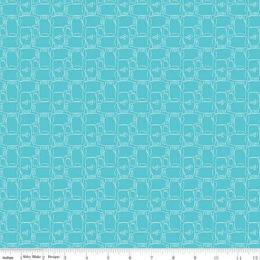 Image of the Farm Girl Vintage Companion Prints Canning Jars Peacock quilting cotton fabric by Lori Holt for Riley Blake Designs. Features canning jars on a bright blue background. 
Cute Little Fabric Shop