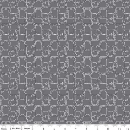 Image of the Farm Girl Vintage Companion Prints Canning Jars Steel quilting cotton fabric by Lori Holt for Riley Blake Designs. Features canning jars on a dark grey background. 
Cute Little Fabric Shop