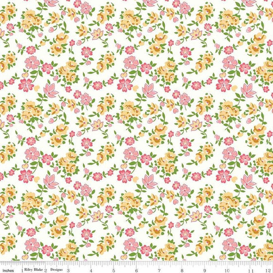 Image of the Granny Chic Sheets Yellow quilting cotton fabric by Lori Holt by Riley Blake Designs. Features yellow and pink flowers on an white background.
Cute Little Fabric Shop