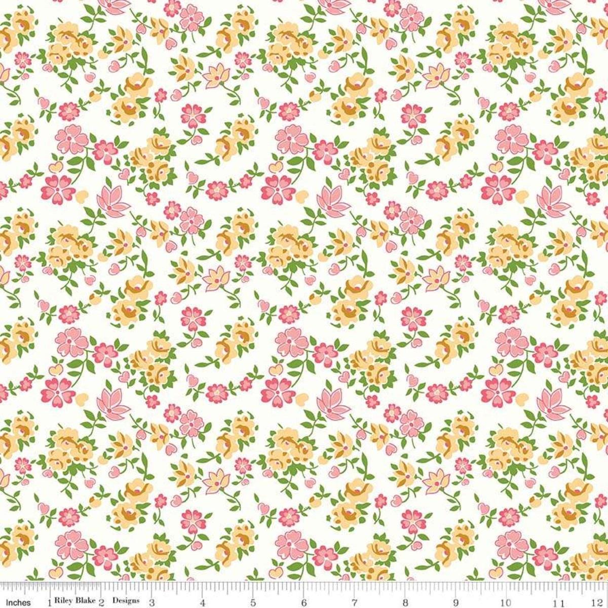 Image of the Granny Chic Sheets Yellow quilting cotton fabric by Lori Holt by Riley Blake Designs. Features yellow and pink flowers on an white background.
Cute Little Fabric Shop