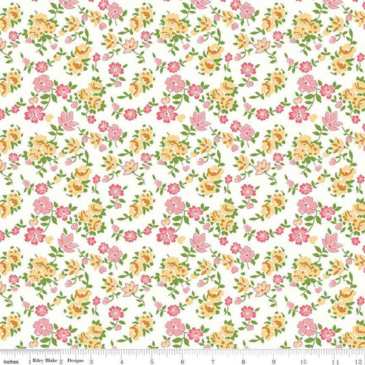 Image of the Granny Chic Sheets Yellow quilting cotton fabric by Lori Holt by Riley Blake Designs. Features yellow and pink flowers on an white background.
Cute Little Fabric Shop