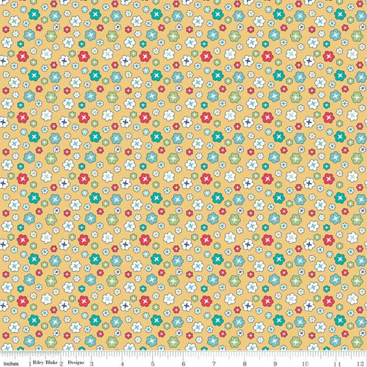 Image of the Vintage Happy 2 Blossoms Honey quilting cotton fabric by Lori Holt for Riley Blake Designs. Features scattered blossoms on a light yellow background.  
Cute Little Fabric Shop