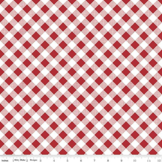 Image of the Sew Cherry 2 Gingham Red quilting cotton fabric by Lori Holt for Riley Blake Design. Features a red and white diagonal printed gingham. 
Cute Little Fabric Shop