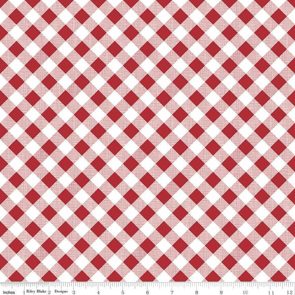 Image of the Sew Cherry 2 Gingham Red quilting cotton fabric by Lori Holt for Riley Blake Design. Features a red and white diagonal printed gingham. 
Cute Little Fabric Shop