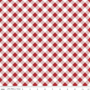Image of the Sew Cherry 2 Gingham Red quilting cotton fabric by Lori Holt for Riley Blake Design. Features a red and white diagonal printed gingham. 
Cute Little Fabric Shop