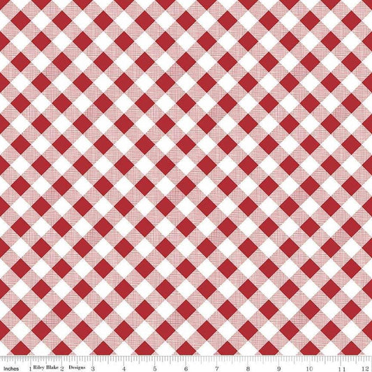 Image of the Sew Cherry 2 Gingham Red quilting cotton fabric by Lori Holt for Riley Blake Design. Features a red and white diagonal printed gingham. 
Cute Little Fabric Shop