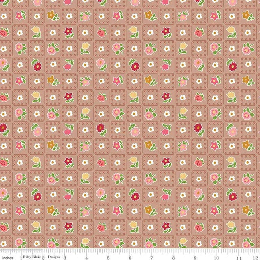 Image of the Granny Chic Garden Brown quilting cotton fabric by Lori Holt for Riley Blake Designs. Features flowers on a grid brown background. 
Cute Little Fabric Shop