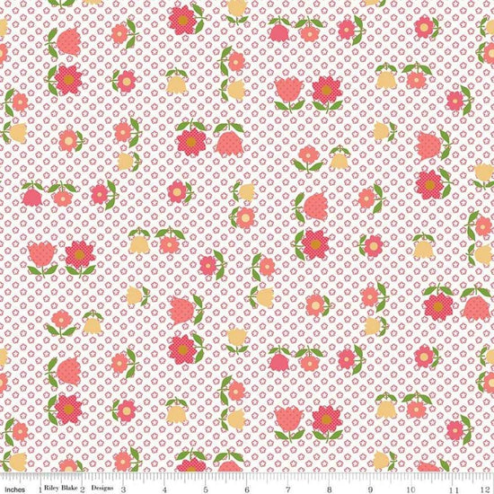 Image of the Granny Chic Apron Pink quilting cotton fabric by Lori Holt for Riley Blake Designs. Features a vintage flower pattern on a background of a smaller field of repeating flowers on a white background. 
Cute Little Fabric Shop