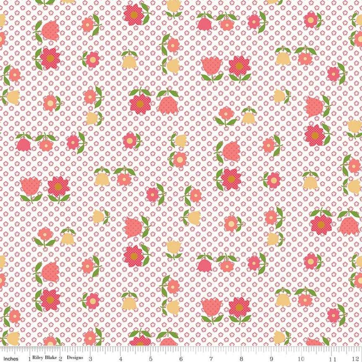 Image of the Granny Chic Apron Pink quilting cotton fabric by Lori Holt for Riley Blake Designs. Features a vintage flower pattern on a background of a smaller field of repeating flowers on a white background. 
Cute Little Fabric Shop