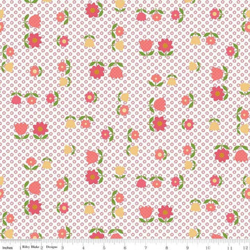 Image of the Granny Chic Apron Pink quilting cotton fabric by Lori Holt for Riley Blake Designs. Features a vintage flower pattern on a background of a smaller field of repeating flowers on a white background. 
Cute Little Fabric Shop