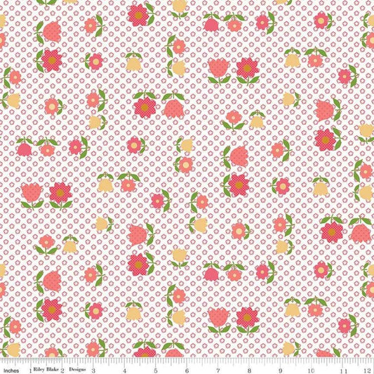 Image of the Granny Chic Apron Pink quilting cotton fabric by Lori Holt for Riley Blake Designs. Features a vintage flower pattern on a background of a smaller field of repeating flowers on a white background. 
Cute Little Fabric Shop