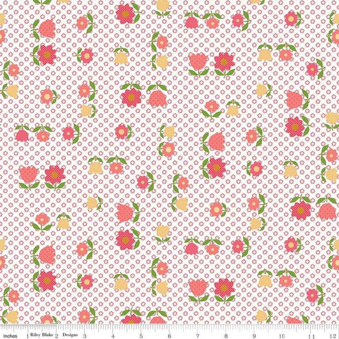 Image of the Granny Chic Apron Pink quilting cotton fabric by Lori Holt for Riley Blake Designs. Features a vintage flower pattern on a background of a smaller field of repeating flowers on a white background. 
Cute Little Fabric Shop