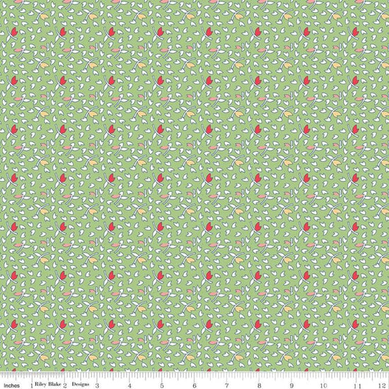 Image of the Vintage Happy 2 Leaves Green quilting cotton fabric by Lori Holt for Riley Blake Designs. Features scattered leaves on a green background. 
Cute Little Fabric Shop