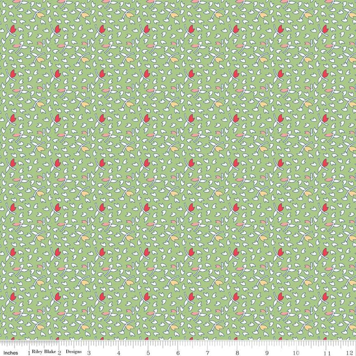 Image of the Vintage Happy 2 Leaves Green quilting cotton fabric by Lori Holt for Riley Blake Designs. Features scattered leaves on a green background. 
Cute Little Fabric Shop
