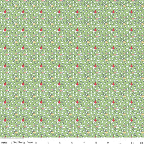 Image of the Vintage Happy 2 Leaves Green quilting cotton fabric by Lori Holt for Riley Blake Designs. Features scattered leaves on a green background. 
Cute Little Fabric Shop