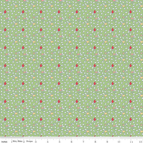 Image of the Vintage Happy 2 Leaves Green quilting cotton fabric by Lori Holt for Riley Blake Designs. Features scattered leaves on a green background. 
Cute Little Fabric Shop