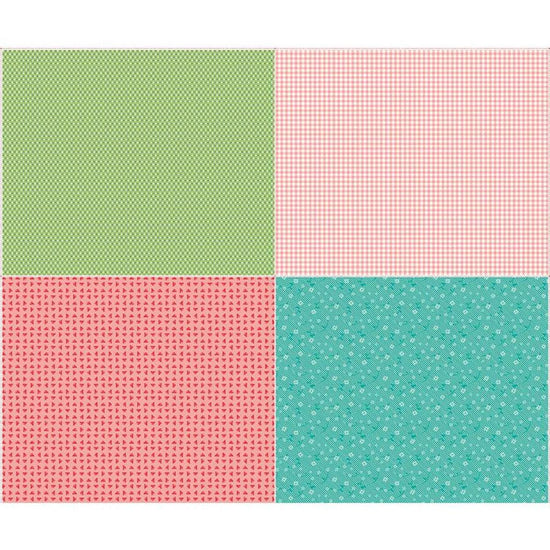 Image of the Vintage Happy 2 Fat Quarter Panel One quilting cotton fabric by Lori Holt for Riley Blake Designs. Features 4 different fat quarters. Panel size is 36 inches x 43 inches. 
Cute Little Fabric Shop