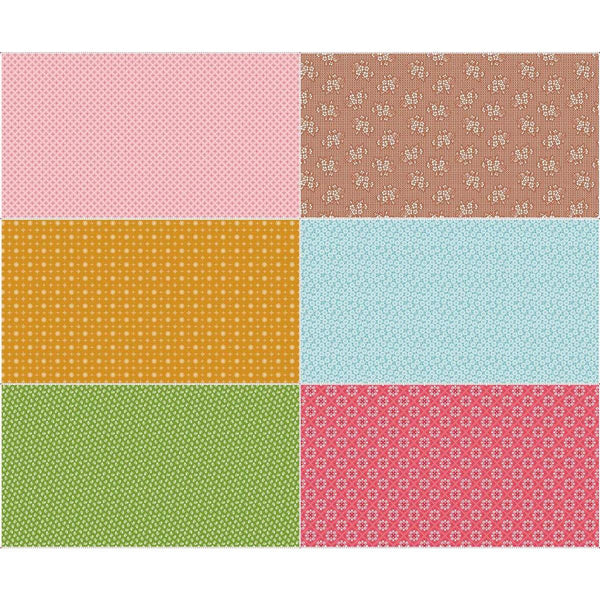 Image of the Granny Chic Scrappy Sixth Panel One by Lori Holt for Riley Blake Designs. Features 6 fat sixths, pink, brown, yellow, blue, green, and red. 
Cute Little Fabric Shop