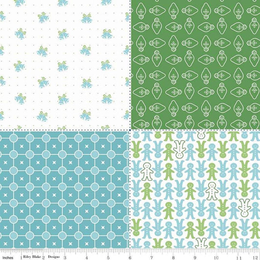 Image of the Cozy Christmas Fat Quarter Panel Green quilting cotton fabric by Lori Holt for Riley Blake Designs. Features 4 different fat quarters. Panel size is 36" x 43". 
Cute Little Fabric Shop