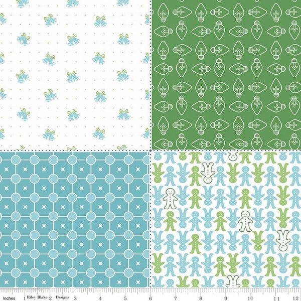 Image of the Cozy Christmas Fat Quarter Panel Green quilting cotton fabric by Lori Holt for Riley Blake Designs. Features 4 different fat quarters. Panel size is 36&quot; x 43&quot;. 
Cute Little Fabric Shop