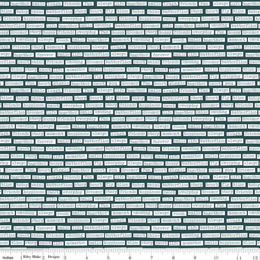 Image of the Vintage Charm Words Midnight quilting cotton fabric by Dani Mogstad for Riley Blake Designs. Features scattered typewriter words on a dark green blue background. 
Cute Little Fabric Shop