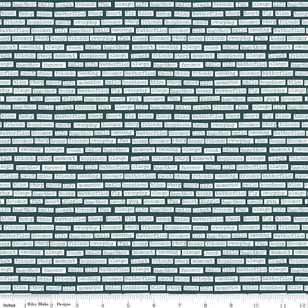 Image of the Vintage Charm Words Midnight quilting cotton fabric by Dani Mogstad for Riley Blake Designs. Features scattered typewriter words on a dark green blue background. 
Cute Little Fabric Shop