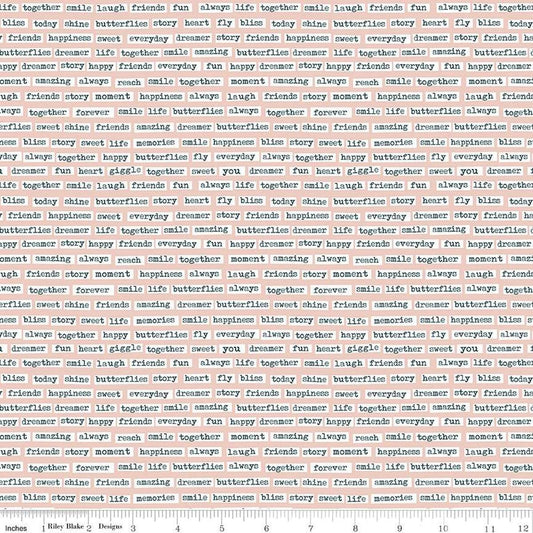 Image of the Vintage Charm Words Blush quilting cotton fabric by Dani Mogstad for Riley Blake Designs. Features scattered typewriter words on a pale pink background. 
Cute Little Fabric Shop