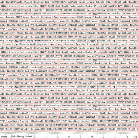 Image of the Vintage Charm Words Blush quilting cotton fabric by Dani Mogstad for Riley Blake Designs. Features scattered typewriter words on a pale pink background. 
Cute Little Fabric Shop