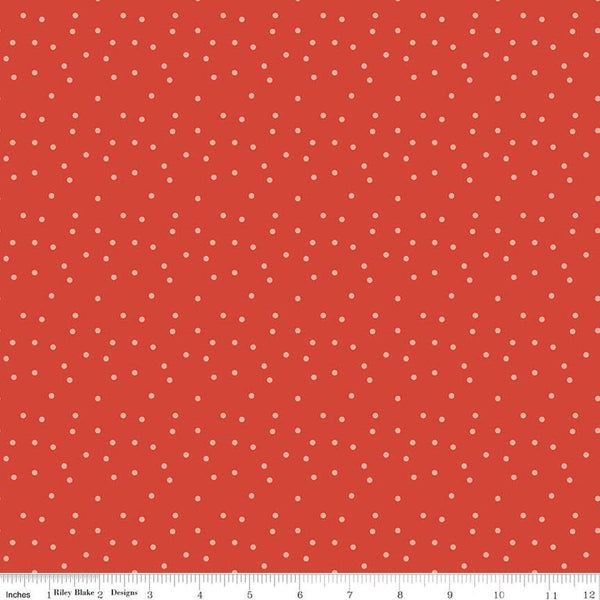 Image of the Vintage Charm Dots Red quilting cotton fabric by Dani Mogstad for Riley Blake Designs. Features scattered small dots on a bright red background. 
Cute Little Fabric Shop