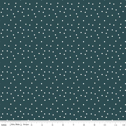 Image of the Vintage Charm Dots Midnight quilting cotton fabric by Dani Mogstad for Riley Blake Designs. Features scattered small dots on a dark turquoise background. 
Cute Little Fabric Shop