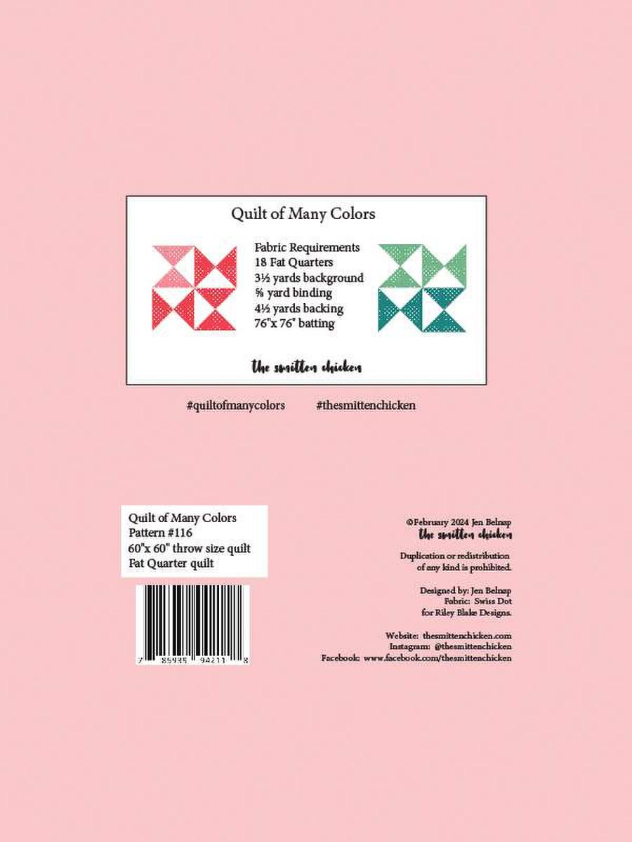 Image of the Quilt of Many Colors Jen Belnap for Riley Blake Designs. Features the fabric requirements. 
Cute Little Fabric Shop