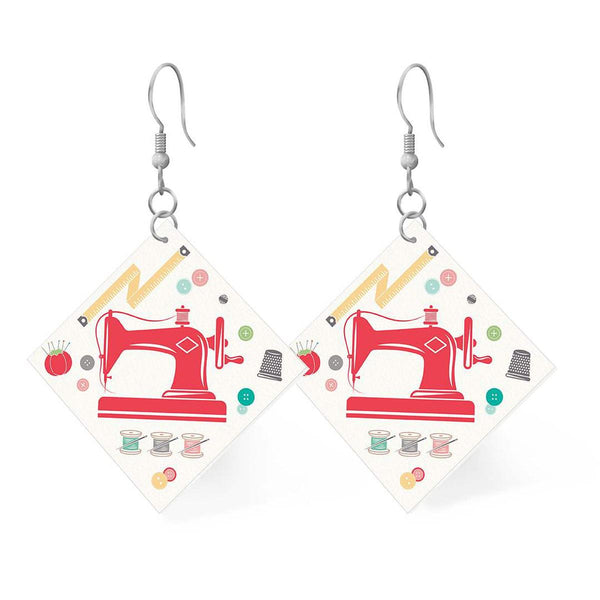 Image of the Leather Square Earrings My Happy Place by Riley Blake Designs. Features sewing machines on full grain leather.  
Cute Little Fabric Shop