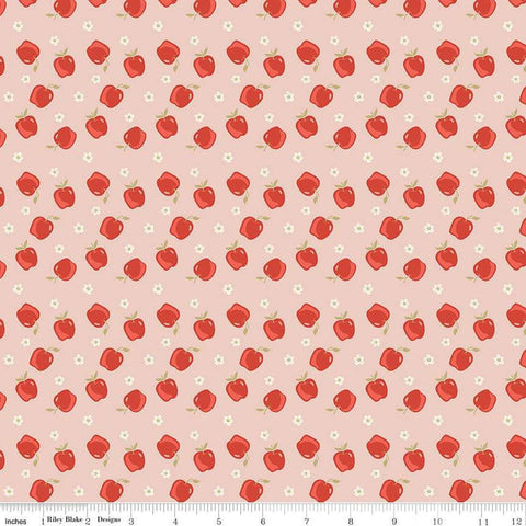 Image of the Vintage Charm Apples Blush quilting cotton fabric by Dani Mogstad for Riley Blake Designs. Features scattered apples and blossoms on a light pink background. 
Cute Little Fabric Shop