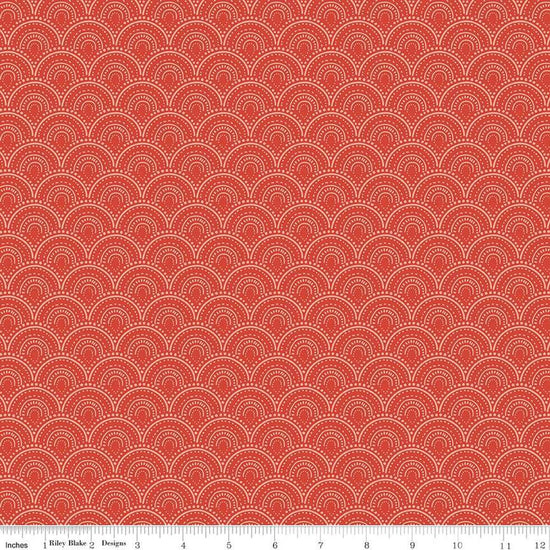 Image of the Vintage Charm Scallops Red quilting cotton fabric by Dani Mogstad for Riley Blake Designs. Features a clamshell pattern on a bright red background. 
Cute Little Fabric Shop