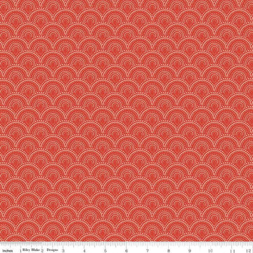 Image of the Vintage Charm Scallops Red quilting cotton fabric by Dani Mogstad for Riley Blake Designs. Features a clamshell pattern on a bright red background. 
Cute Little Fabric Shop