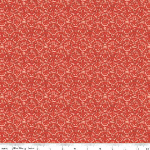 Image of the Vintage Charm Scallops Red quilting cotton fabric by Dani Mogstad for Riley Blake Designs. Features a clamshell pattern on a bright red background. 
Cute Little Fabric Shop