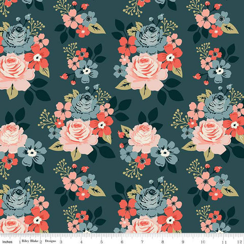 Image of the Vintage Charm Main Midnight quilting cotton fabric by Dani Mogstad for Riley Blake Designs. Features large clusters of flowers on a dark blue background. 
Cute Little Fabric Shop