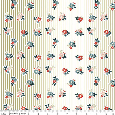 Image of the Vintage Charm Floral Stripe Pear quilting cotton fabric by Dani Mogstad for Riley Blake Designs. Features scattered flowers on a striped white and yellow green background. 
Cute Little Fabric Shop