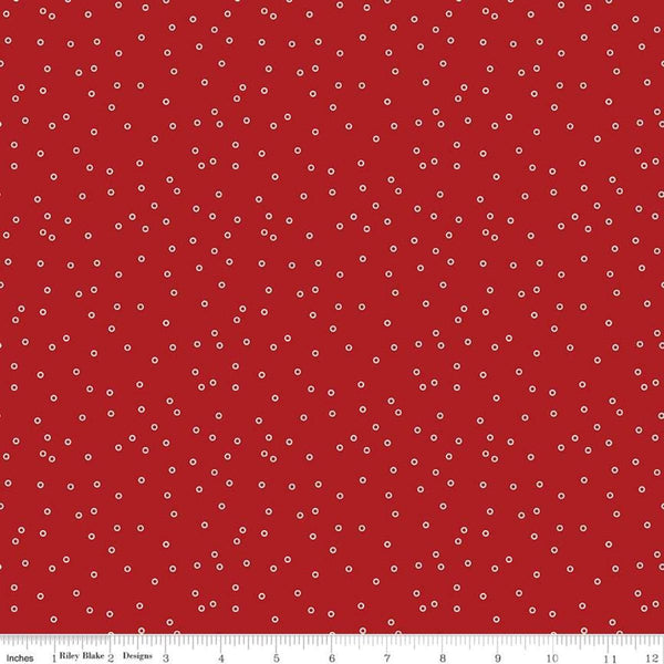 Image of the Prim Circles Barn Red by Lori Holt for Riley Blake Designs. Features scattered white circles on a red background. 
Cute Little Fabric Shop