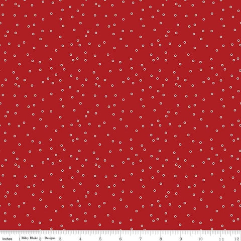 Image of the Prim Circles Barn Red by Lori Holt for Riley Blake Designs. Features scattered white circles on a red background. 
Cute Little Fabric Shop