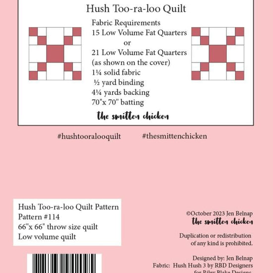 Image of the Jen Belnap of Hush Too-ra-loo Quilt Pattern by Riley Blake Designs. Features a cross pattern on light cream low volume fabrics with the fabric instructions. 
Cute Little Fabric Shop