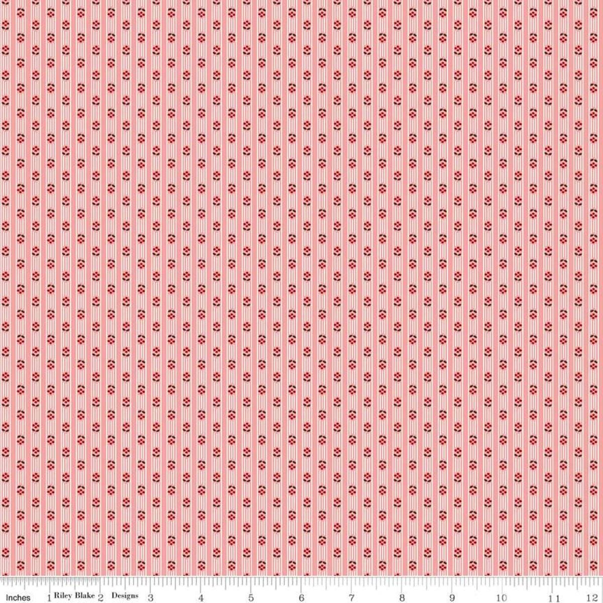 Image of the Prim Stripe Coral quilting cotton fabric by Lori Holt for Riley Blake Designs. Features a striped pattern of lines and flowers. 
Cute Little Fabric Shop