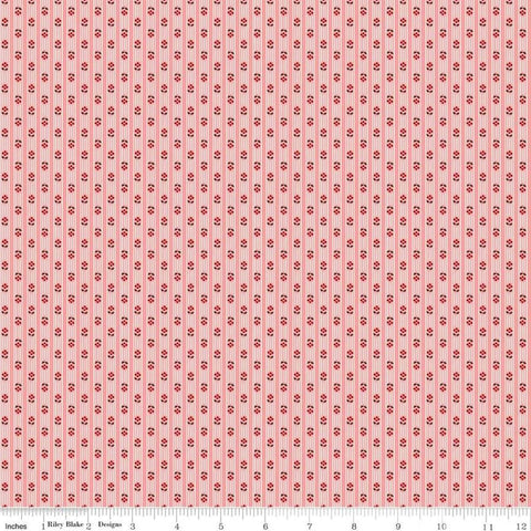 Image of the Prim Stripe Coral quilting cotton fabric by Lori Holt for Riley Blake Designs. Features a striped pattern of lines and flowers. 
Cute Little Fabric Shop