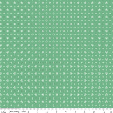 Image of the Prim Vintage Alpine quilting cotton fabric by Lori Holt for Riley Blake Designs. Features geometric patterns on a green background. 
Cute Little Fabric Shop