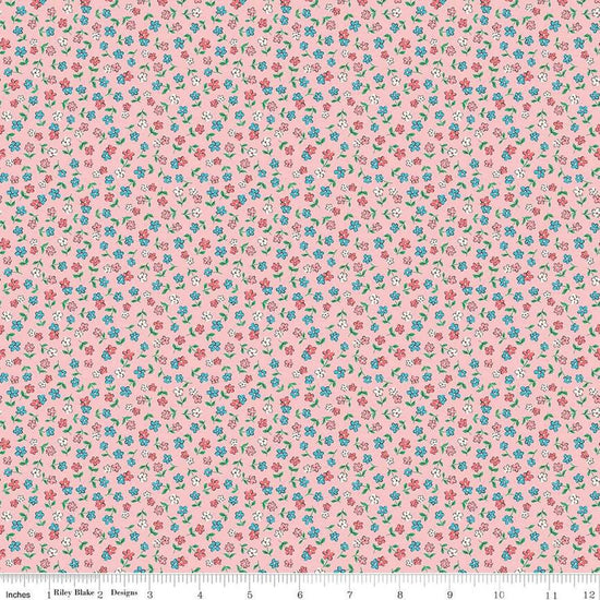 Image of the Playtime 30s Flowers Pink quilting cotton fabric by Lindsay Wilkes for Riley Blake Designs. Features small scattered flowers on a light pink background. 
Cute Little Fabric Shop