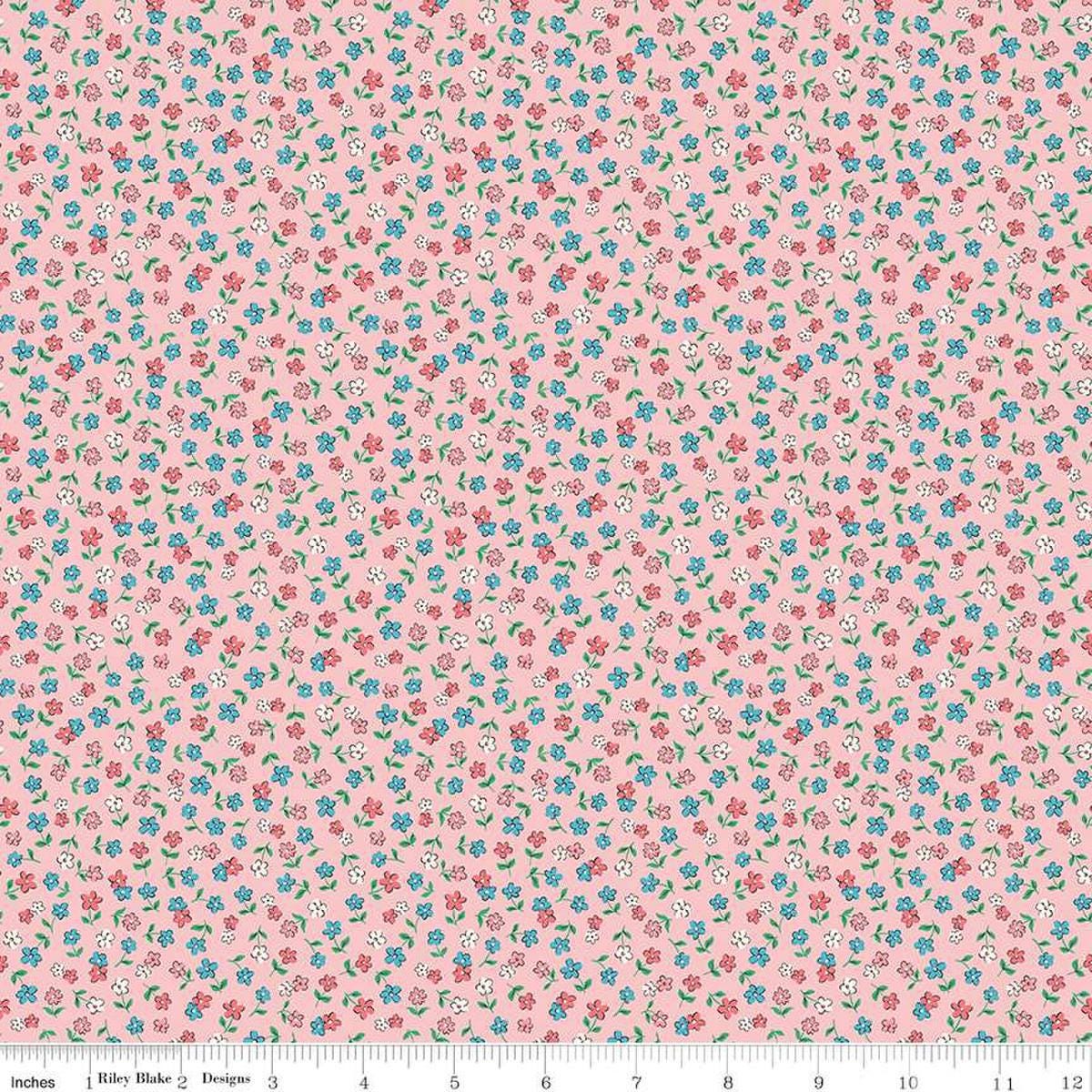Image of the Playtime 30s Flowers Pink quilting cotton fabric by Lindsay Wilkes for Riley Blake Designs. Features small scattered flowers on a light pink background. 
Cute Little Fabric Shop