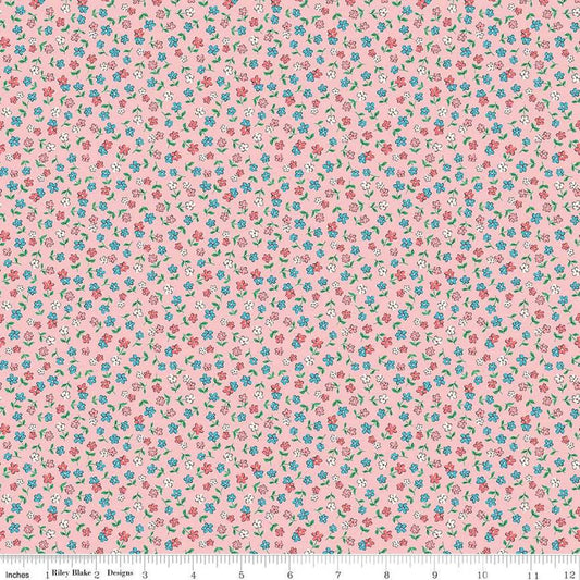 Image of the Playtime 30s Flowers Pink quilting cotton fabric by Lindsay Wilkes for Riley Blake Designs. Features small scattered flowers on a light pink background. 
Cute Little Fabric Shop