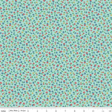 Image of the Playtime 30s Flowers Mist quilting cotton fabric by Lindsay Wilkes for Riley Blake Designs. Features small scattered flowers on an aqua background. 
Cute Little Fabric Shop